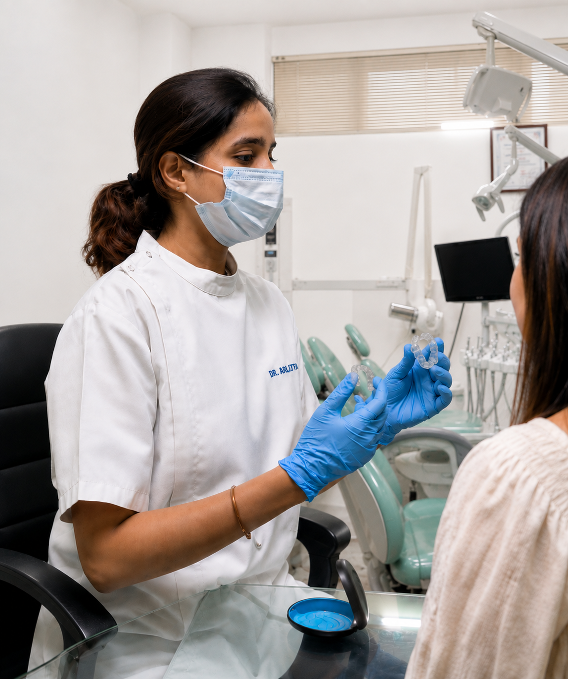 Dr. Arjita Sood explaining clear aligner treatment and costs to a patient during a consultation at Svaastha Dental Clinic in Gurgaon.
