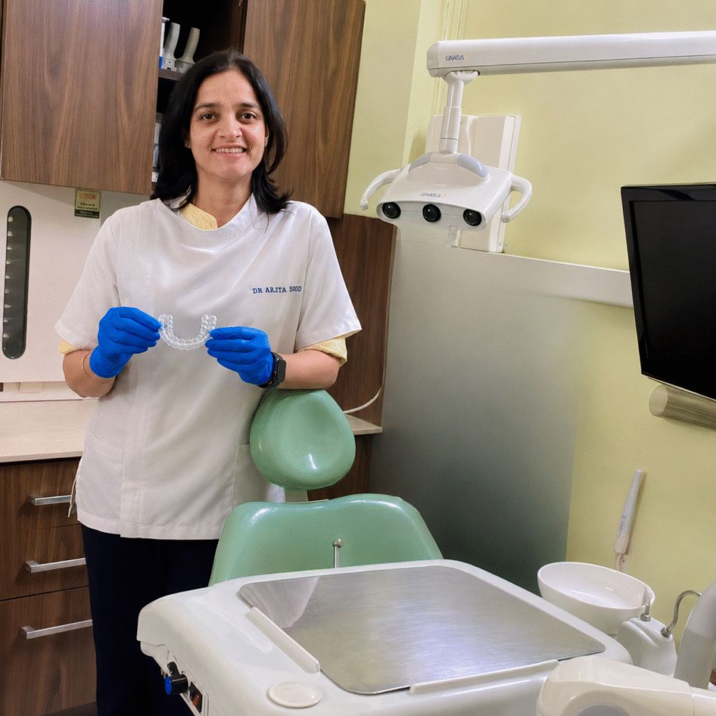 Dr. Arjita Sood explaining how to clean clear aligners at Svaastha Dental Clinic Gurgaon