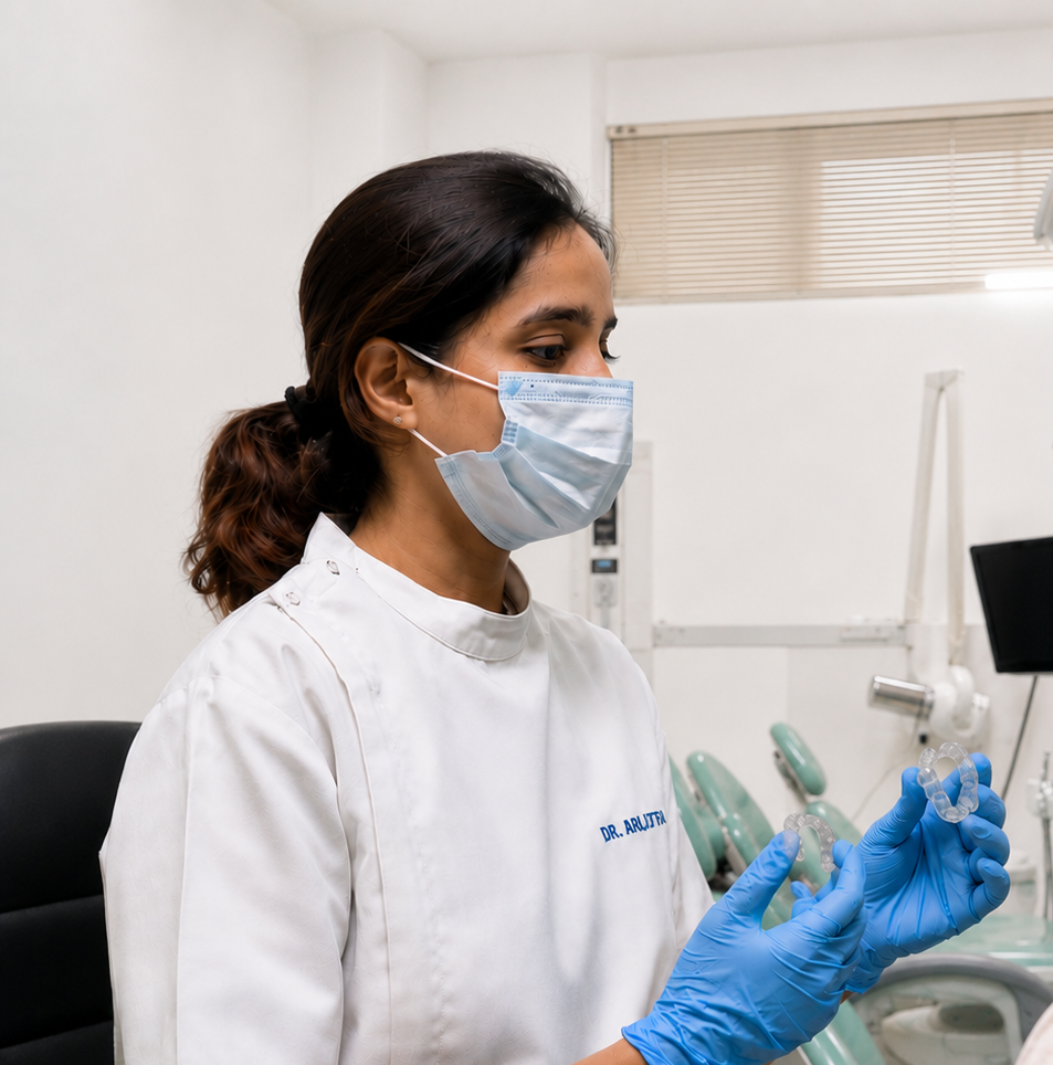 Dr. Arjita Sood explaining clear aligner treatment to a patient at Svaastha Dental Clinic in Gurgaon.