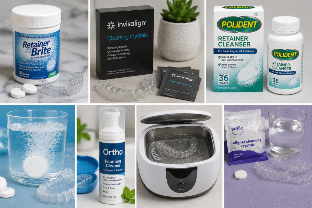 Commercial cleaning products for clear aligners including cleaning tablets