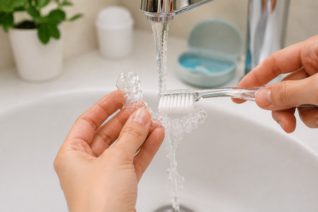 Cleaning clear aligners with a soft toothbrush and normal water