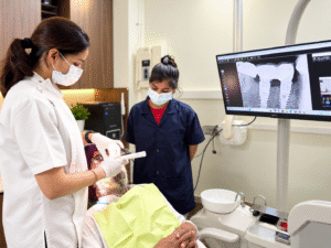 Dr Arjita Sood performing dental implant treatment on a patient in Gurgaon